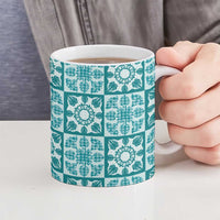 Cyan Palaka Quilt Hawaii Ceramic Mug Hawaiian Tropical Monstera Sea Turtle LT14 - Polynesian Pride