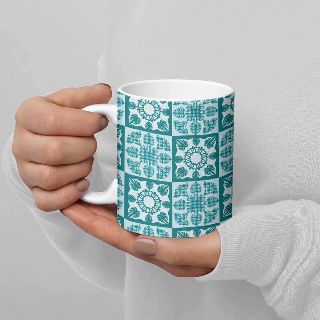 Cyan Palaka Quilt Hawaii Ceramic Mug Hawaiian Tropical Monstera Sea Turtle LT14 - Polynesian Pride