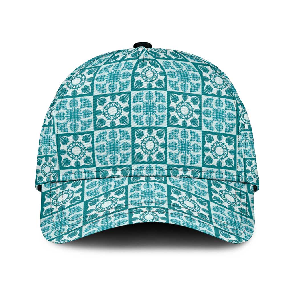 Cyan Palaka Quilt Hawaii Classic Cap Hawaiian Tropical Monstera Sea Turtle LT14 Universal Fit Cyan - Polynesian Pride