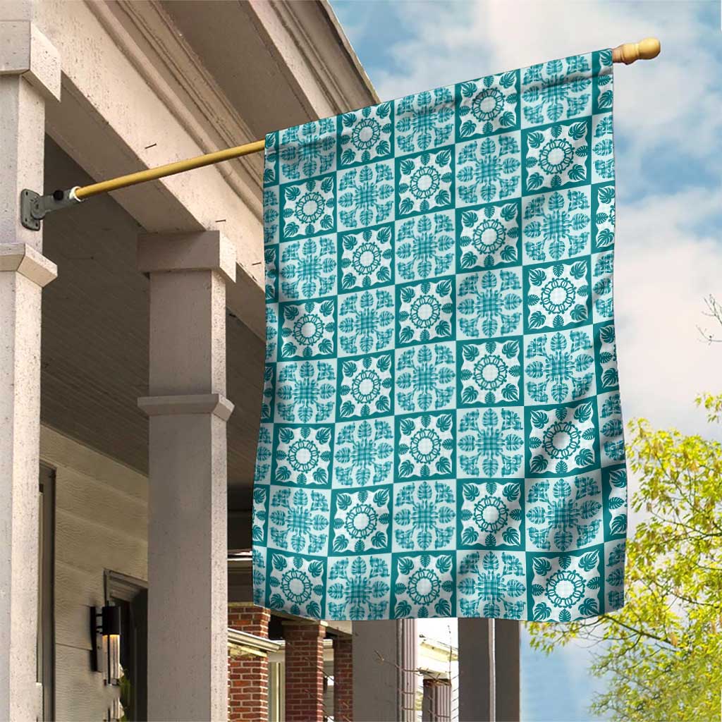 Cyan Palaka Quilt Hawaii Garden Flag Hawaiian Tropical Monstera Sea Turtle LT14 House Flag Cyan - Polynesian Pride