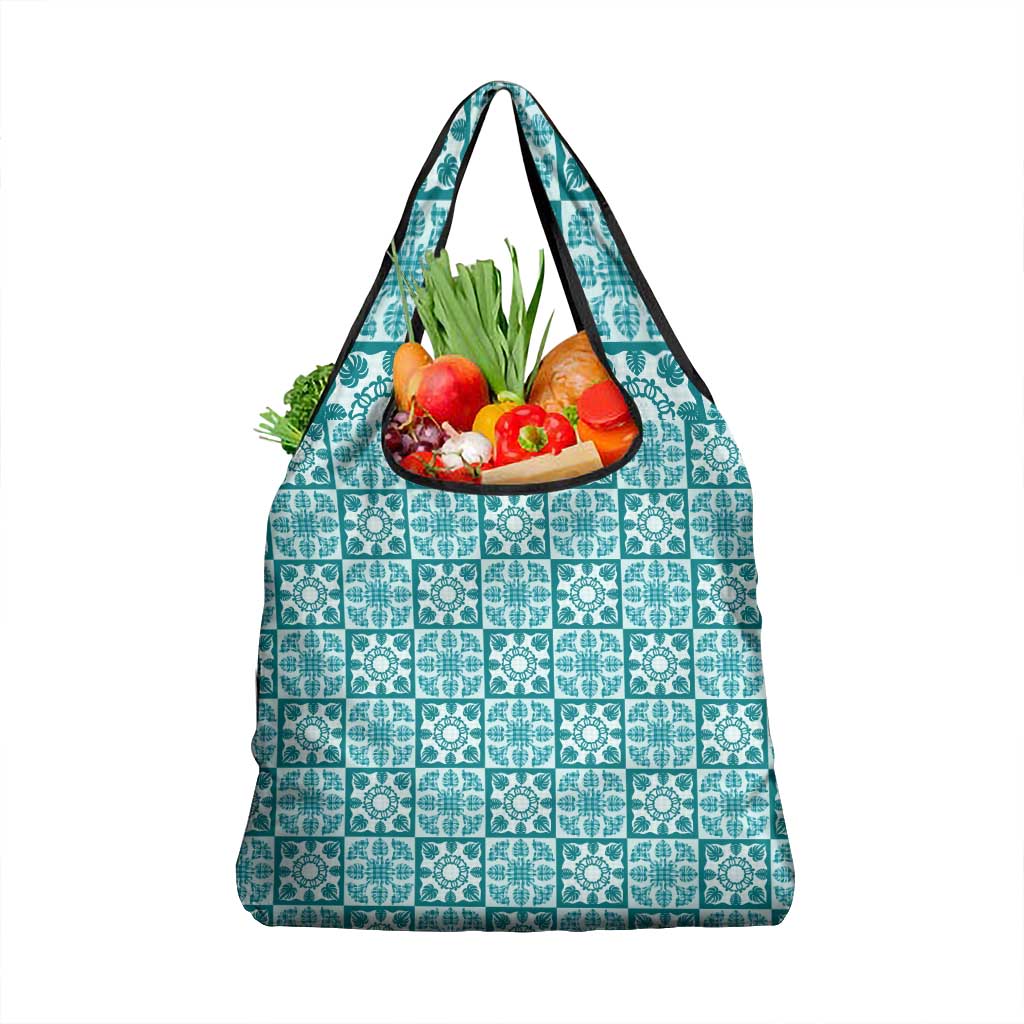 Cyan Palaka Quilt Hawaii Grocery Bag Hawaiian Tropical Monstera Sea Turtle LT14 1-pack One Size Cyan - Polynesian Pride