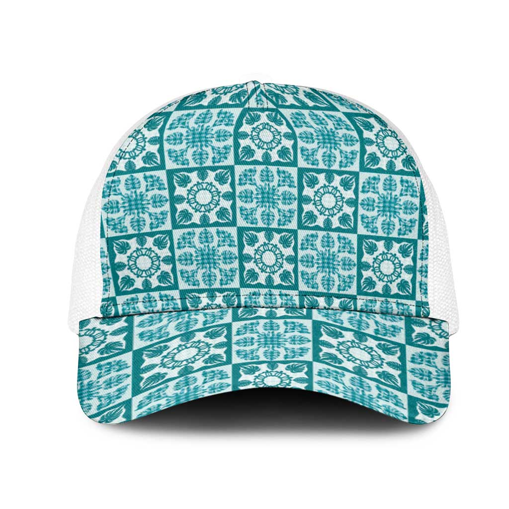 Cyan Palaka Quilt Hawaii Mesh Trucker Cap Hawaiian Tropical Monstera Sea Turtle LT14 One Size White Cyan - Polynesian Pride