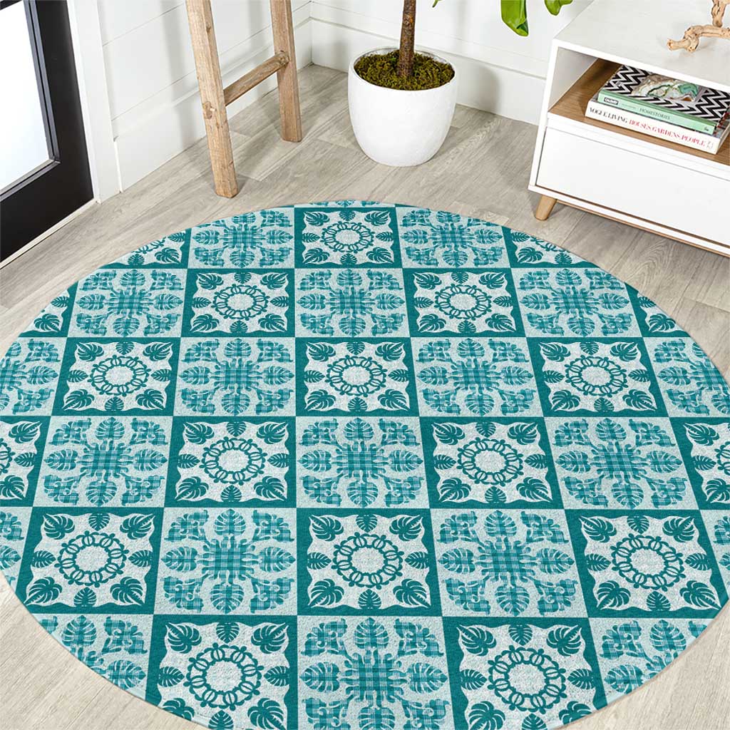 Cyan Palaka Quilt Hawaii Round Carpet Hawaiian Tropical Monstera Sea Turtle LT14 Cyan - Polynesian Pride