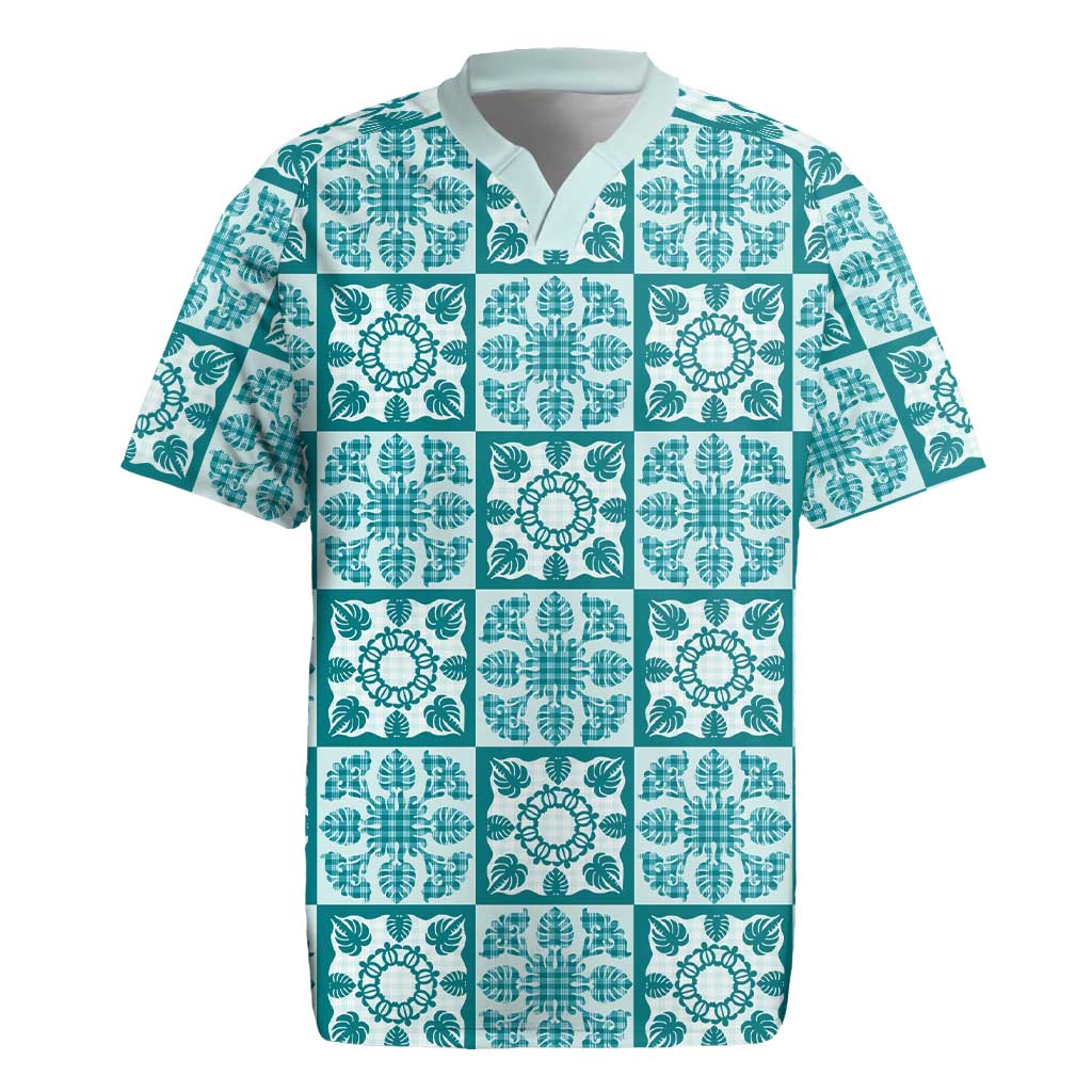 Cyan Palaka Quilt Hawaii Rugby Jersey Hawaiian Tropical Monstera Sea Turtle LT14 Cyan - Polynesian Pride