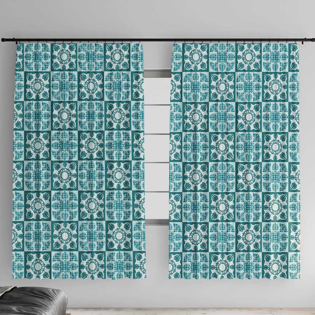 Cyan Palaka Quilt Hawaii Window Curtain Hawaiian Tropical Monstera Sea Turtle LT14 With Hooks Cyan - Polynesian Pride