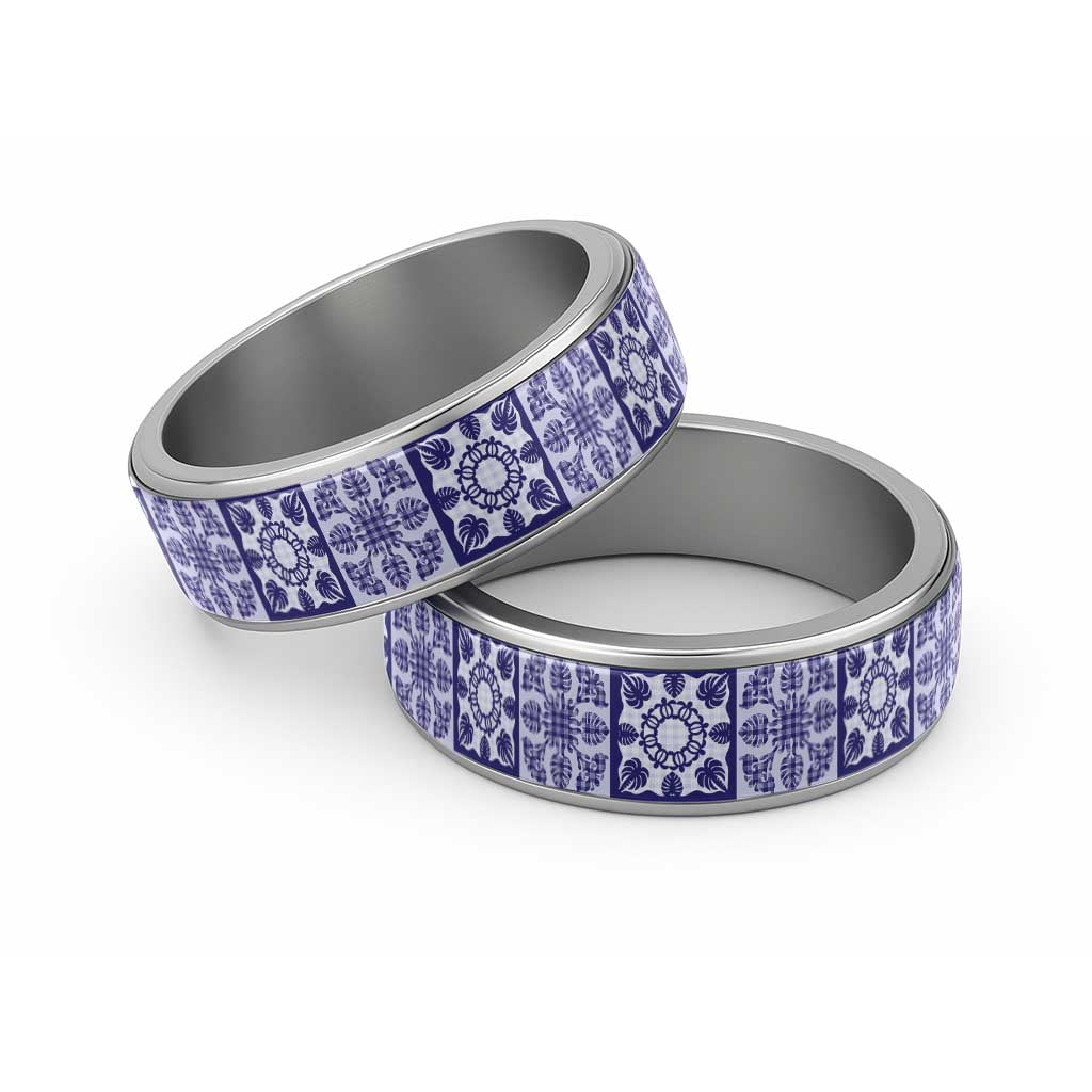 Polu Palaka Quilt Hawaii Classic Ring Hawaiian Tropical Monstera Sea Turtle LT14 Sliver Blue - Polynesian Pride