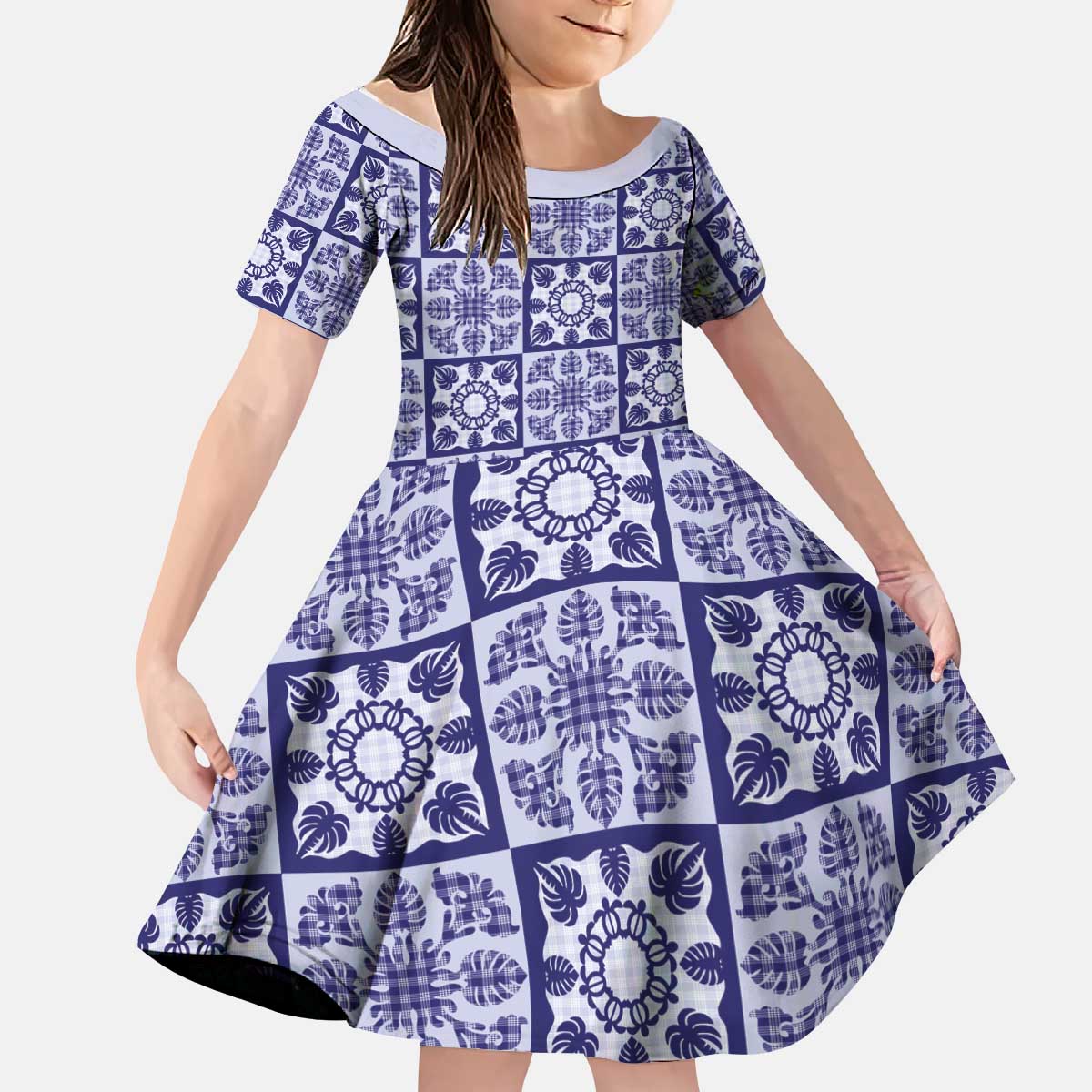 Polu Palaka Quilt Hawaii Kid Short Sleeve Dress Hawaiian Tropical Monstera Sea Turtle LT14 KID Blue - Polynesian Pride