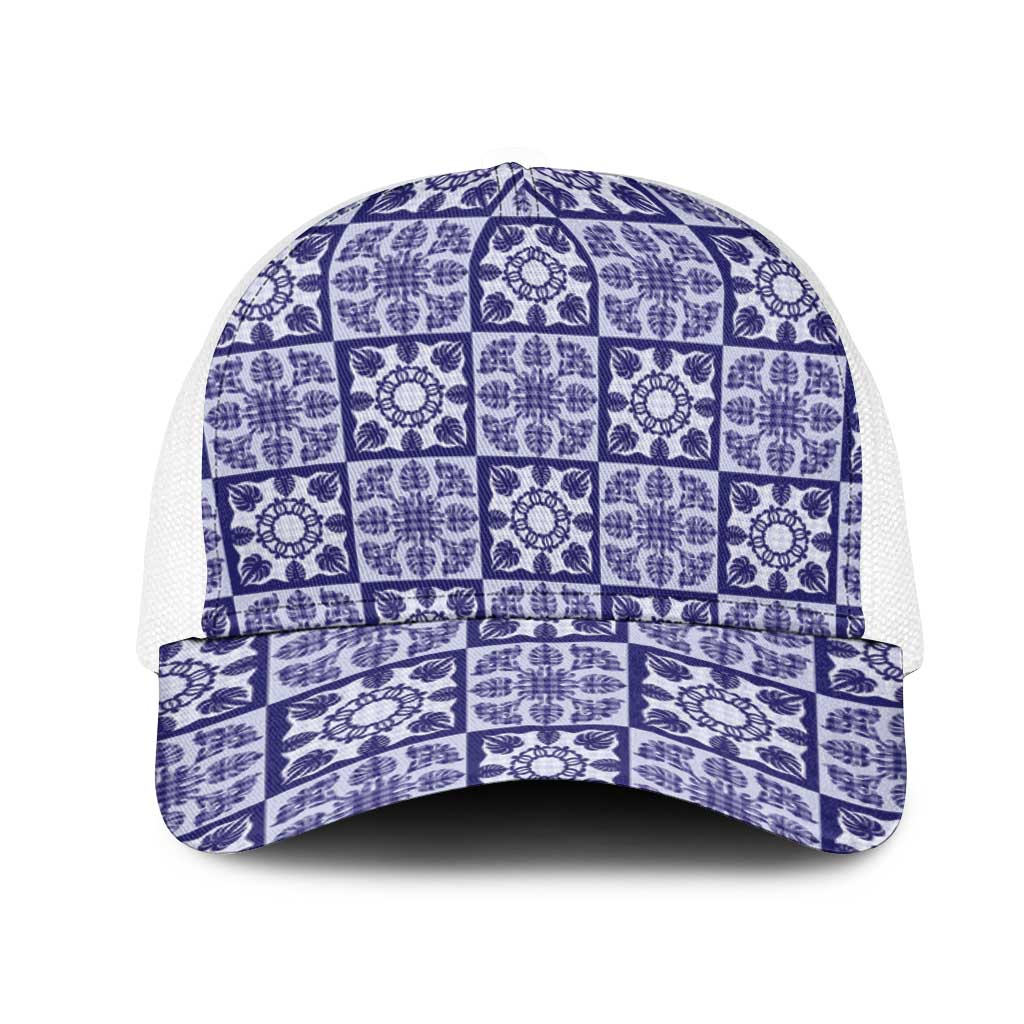 Polu Palaka Quilt Hawaii Mesh Trucker Cap Hawaiian Tropical Monstera Sea Turtle LT14 One Size White Blue - Polynesian Pride