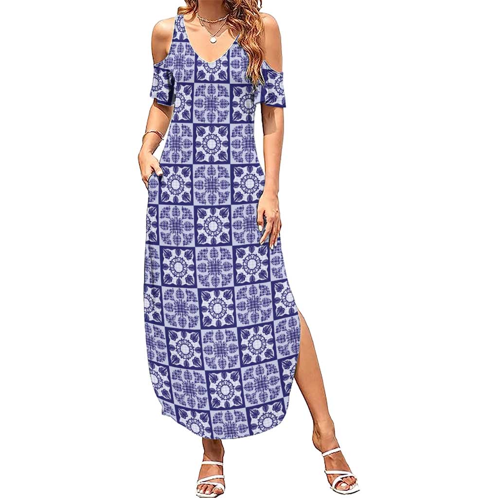 Polu Palaka Quilt Hawaii Summer Maxi Dress Hawaiian Tropical Monstera Sea Turtle LT14 Women Blue - Polynesian Pride