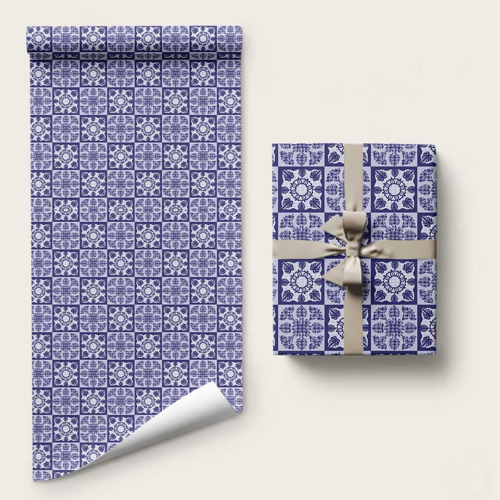 Polu Palaka Quilt Hawaii Wrapping Paper Hawaiian Tropical Monstera Sea Turtle LT14 58" × 23" Blue - Polynesian Pride