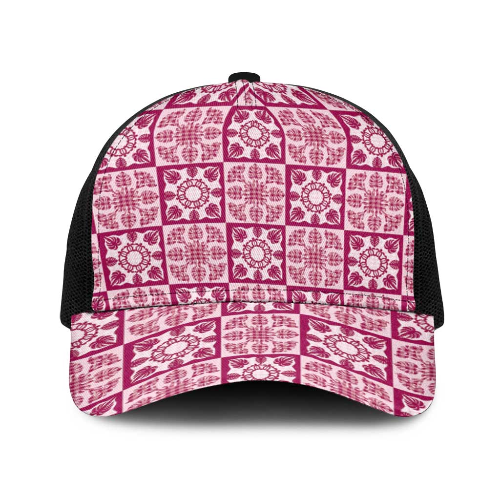 Akala Palaka Quilt Hawaii Baseball Net Cap Hawaiian Tropical Monstera Sea Turtle LT14 One Size Black Pink - Polynesian Pride