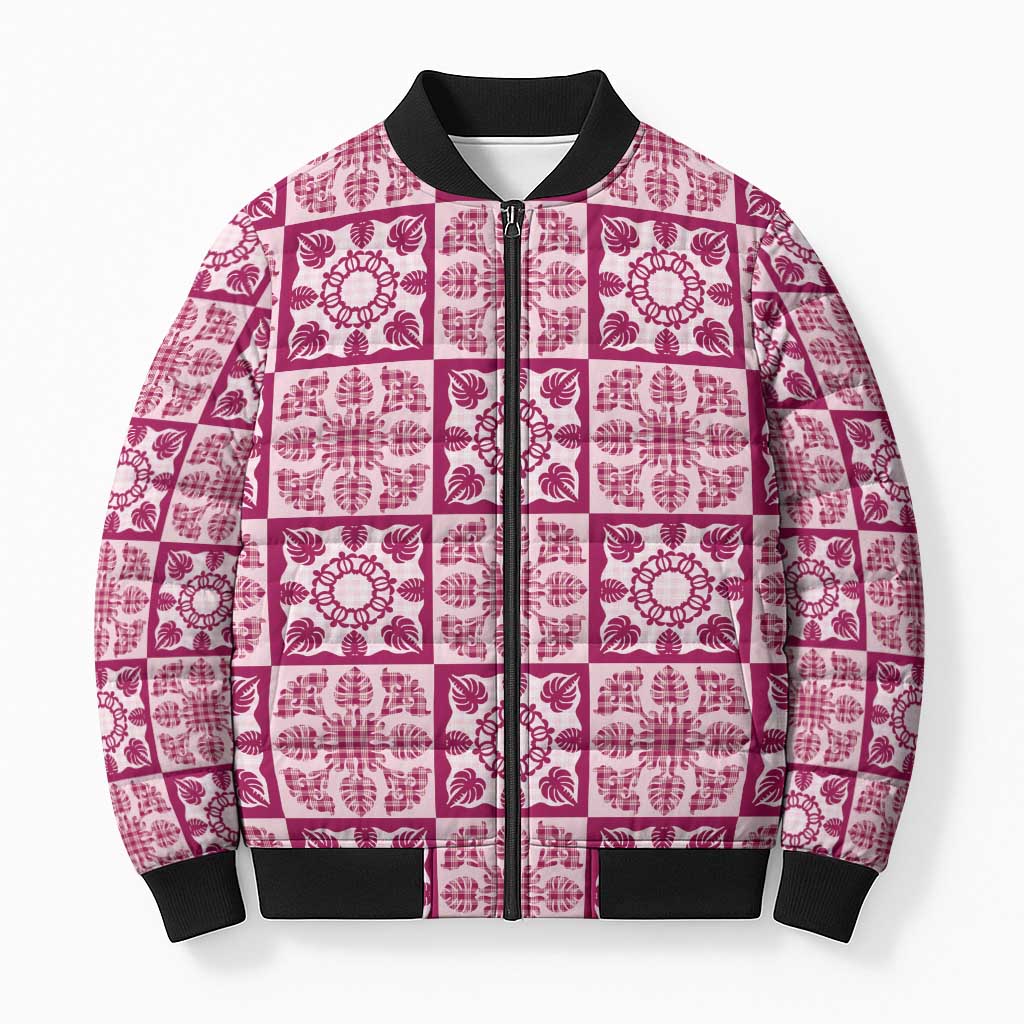 Akala Palaka Quilt Hawaii Bomber Puffer Jacket Hawaiian Tropical Monstera Sea Turtle LT14 Unisex Pink - Polynesian Pride