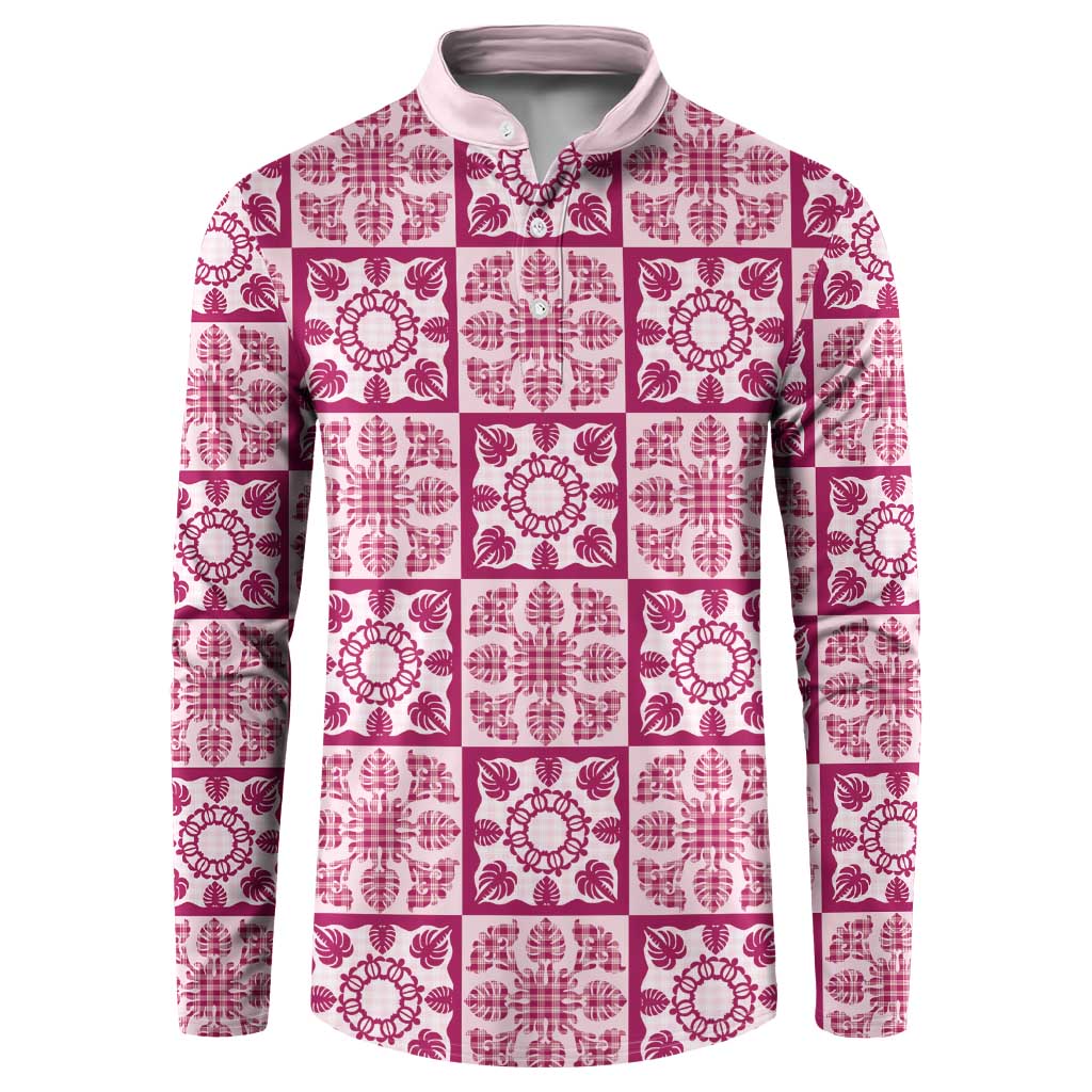 Akala Palaka Quilt Hawaii Button Sweatshirt Hawaiian Tropical Monstera Sea Turtle LT14 Pink - Polynesian Pride
