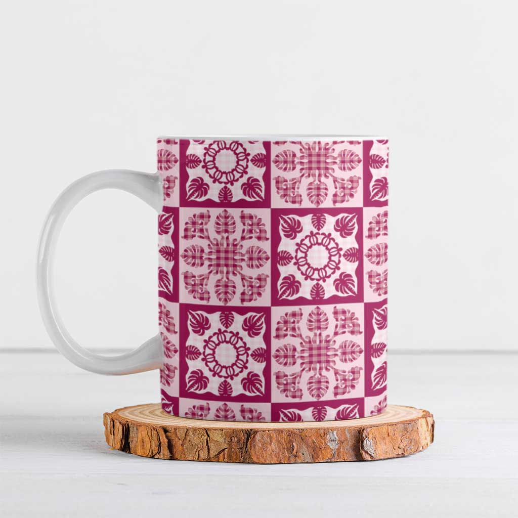 Akala Palaka Quilt Hawaii Ceramic Mug Hawaiian Tropical Monstera Sea Turtle LT14 Pink - Polynesian Pride