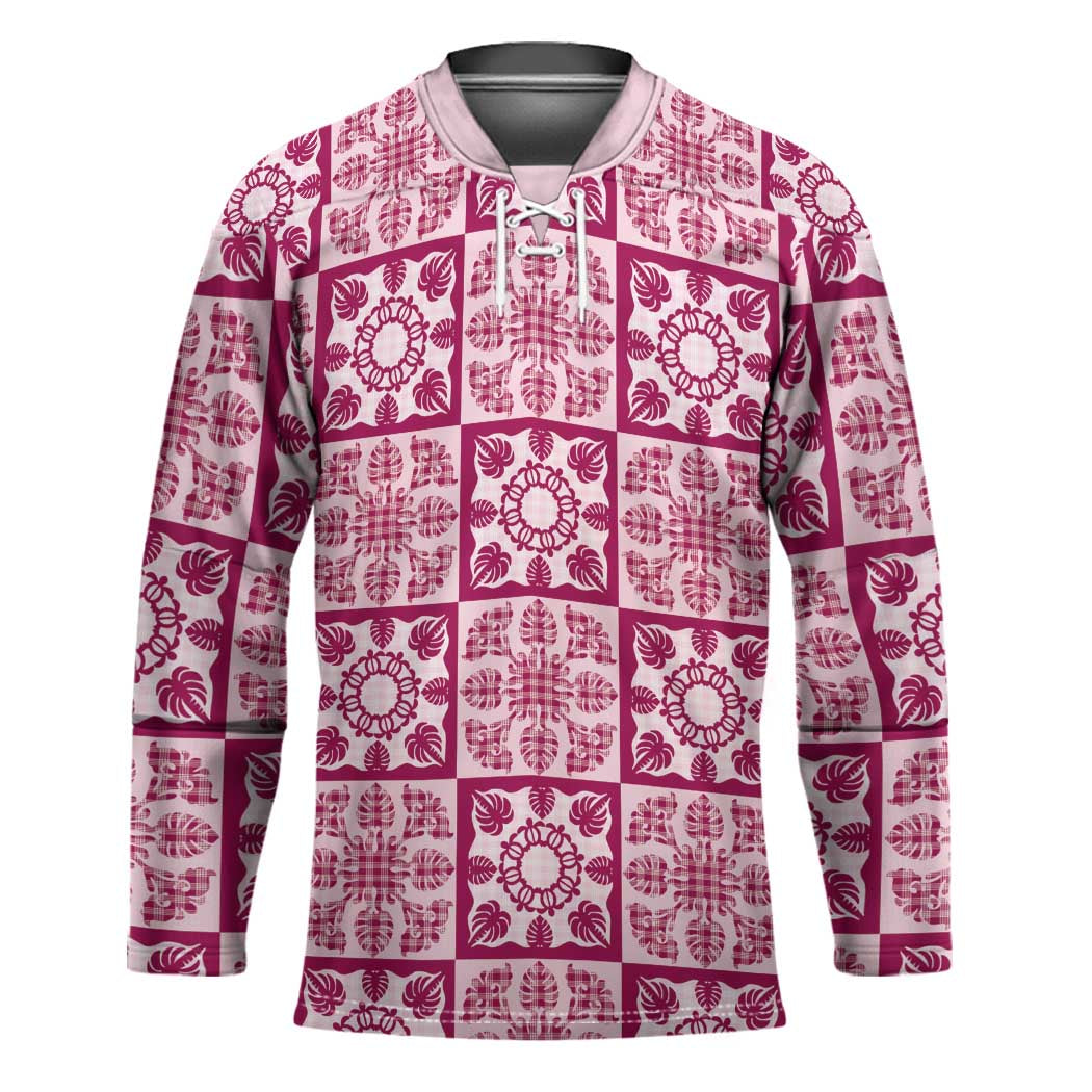 Akala Palaka Quilt Hawaii Hockey Jersey Hawaiian Tropical Monstera Sea Turtle LT14 Unisex Pink - Polynesian Pride