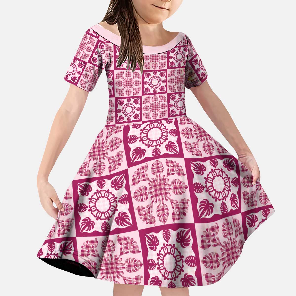 Akala Palaka Quilt Hawaii Kid Short Sleeve Dress Hawaiian Tropical Monstera Sea Turtle LT14 KID Pink - Polynesian Pride