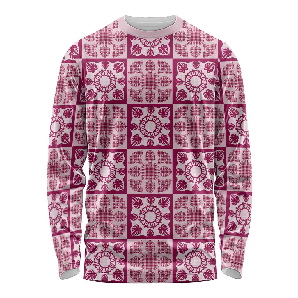 Akala Palaka Quilt Hawaii Long Sleeve Shirt Hawaiian Tropical Monstera Sea Turtle LT14 Unisex Pink - Polynesian Pride