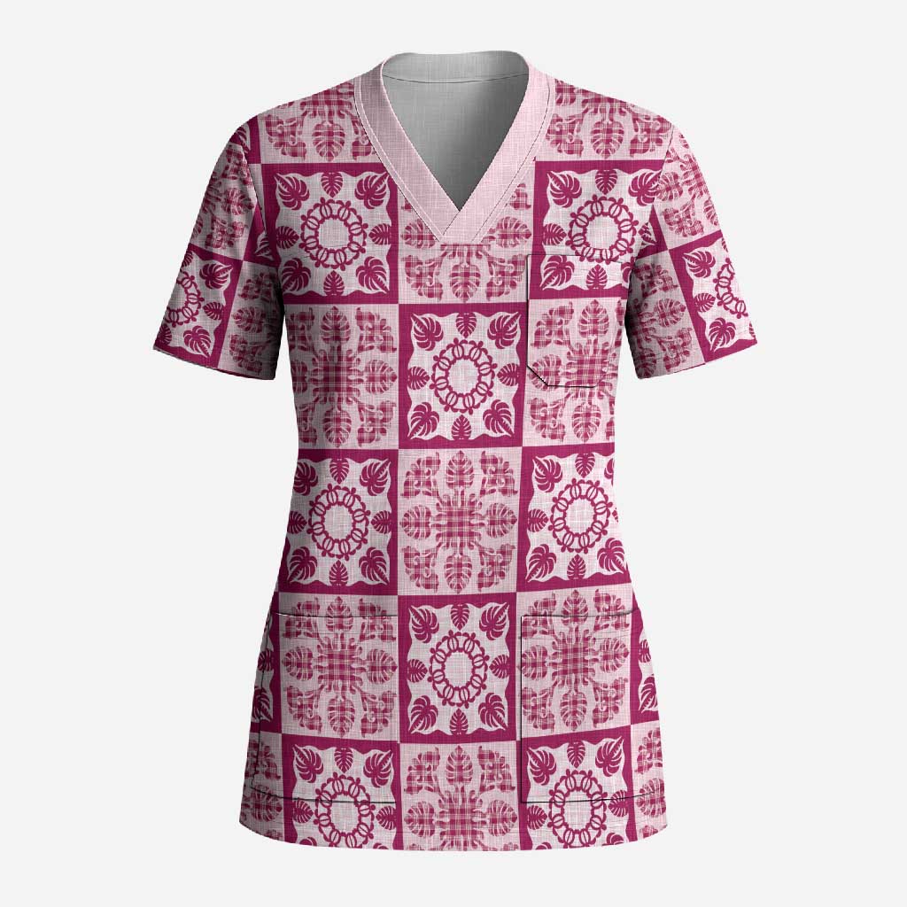 Akala Palaka Quilt Hawaii Scrub Top Hawaiian Tropical Monstera Sea Turtle LT14 Adult Pink - Polynesian Pride