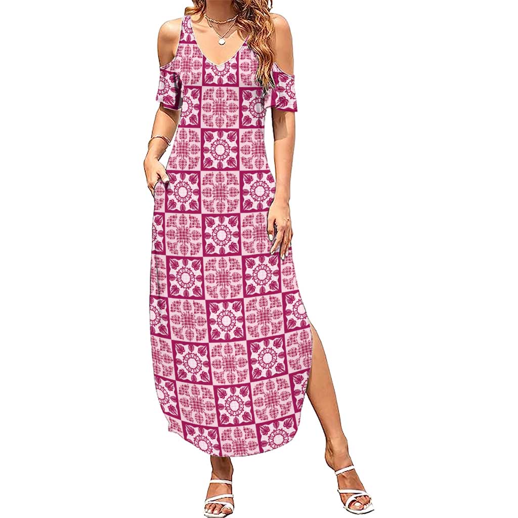 Akala Palaka Quilt Hawaii Summer Maxi Dress Hawaiian Tropical Monstera Sea Turtle LT14 Women Pink - Polynesian Pride