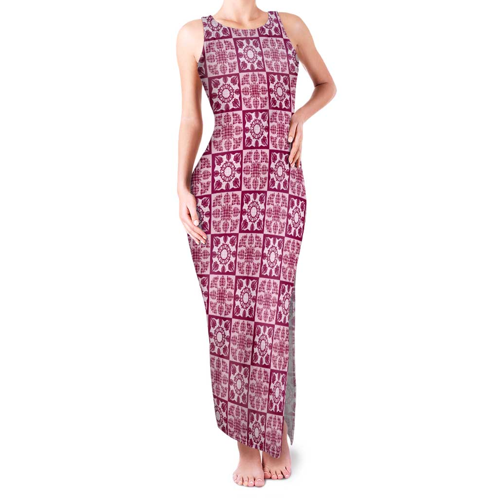 Akala Palaka Quilt Hawaii Tank Maxi Dress Hawaiian Tropical Monstera Sea Turtle LT14 Women Pink - Polynesian Pride