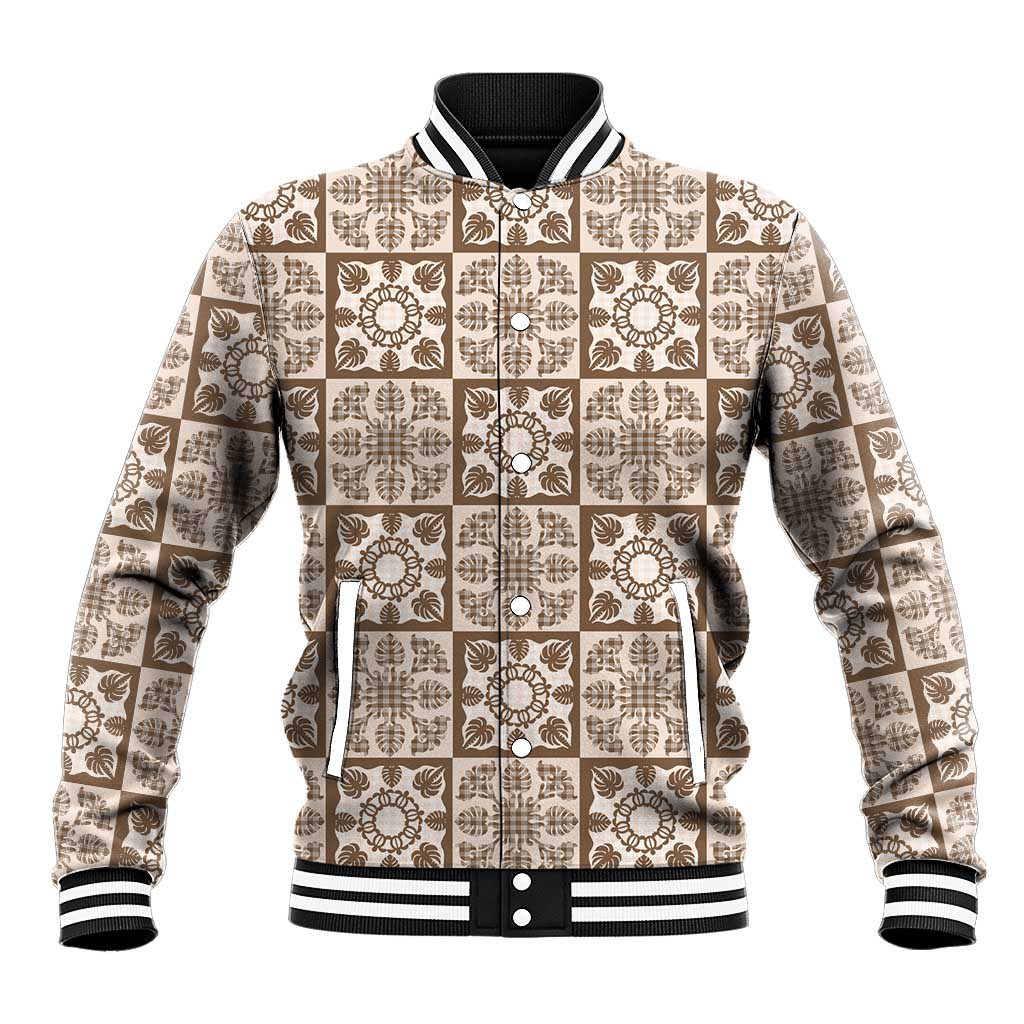 Beige Palaka Quilt Hawaii Baseball Jacket Hawaiian Tropical Monstera Sea Turtle LT14 Unisex Beige - Polynesian Pride