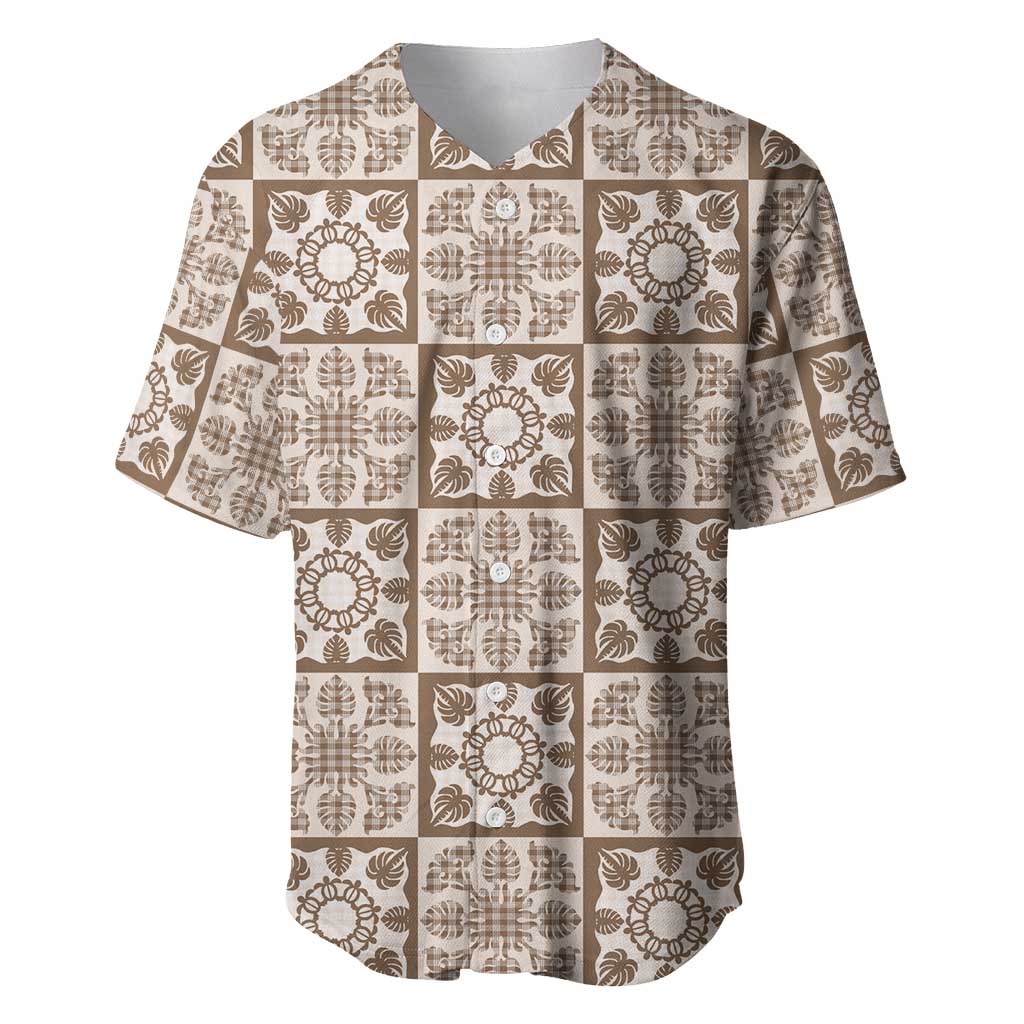 Beige Palaka Quilt Hawaii Baseball Jersey Hawaiian Tropical Monstera Sea Turtle LT14 Beige - Polynesian Pride