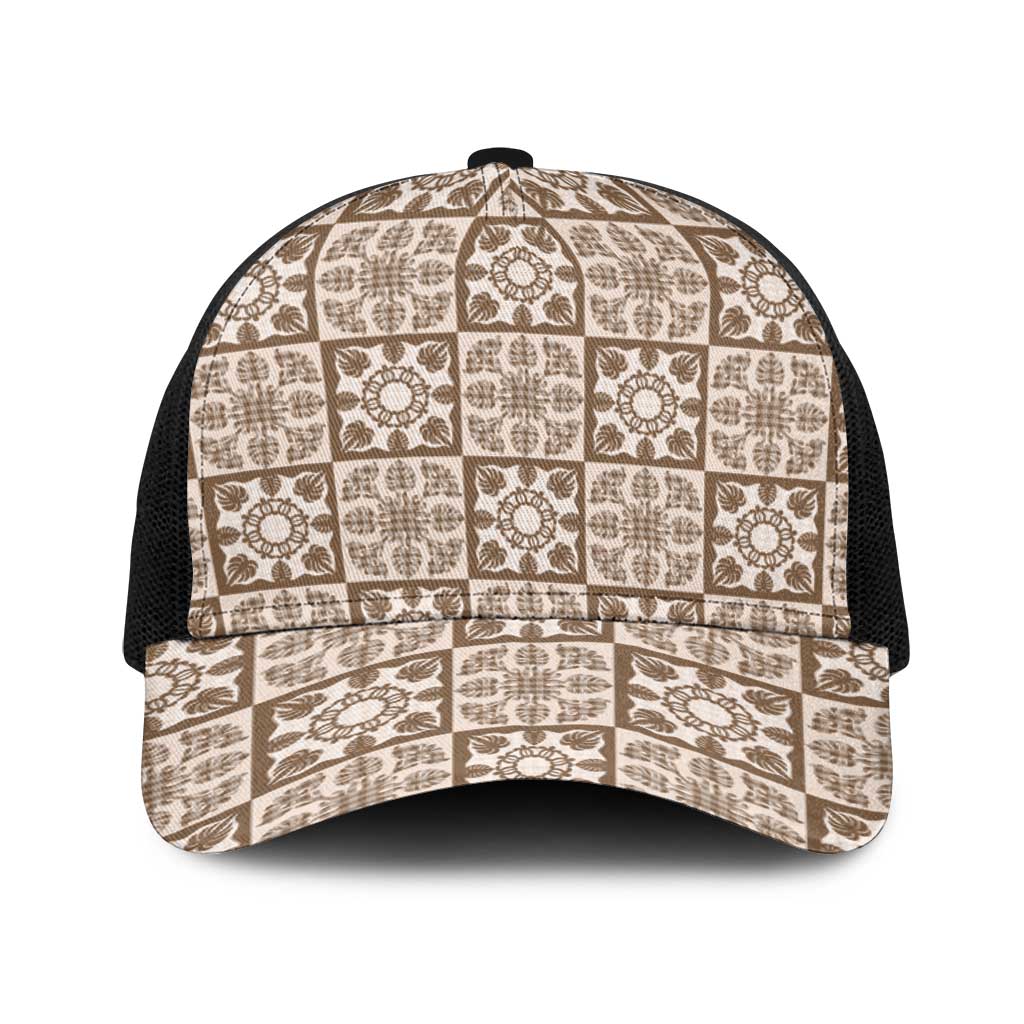 Beige Palaka Quilt Hawaii Baseball Net Cap Hawaiian Tropical Monstera Sea Turtle LT14 One Size Black Beige - Polynesian Pride
