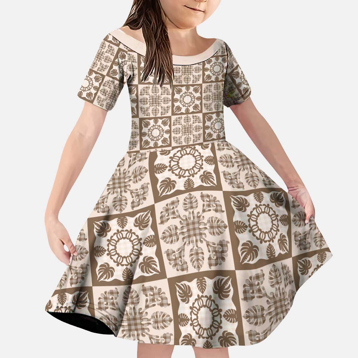 Beige Palaka Quilt Hawaii Kid Short Sleeve Dress Hawaiian Tropical Monstera Sea Turtle LT14 KID Beige - Polynesian Pride