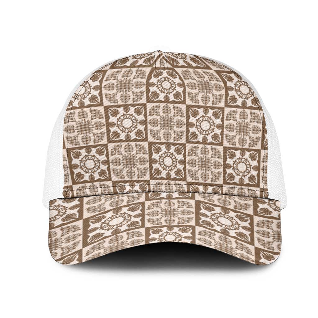 Beige Palaka Quilt Hawaii Mesh Trucker Cap Hawaiian Tropical Monstera Sea Turtle LT14 One Size White Beige - Polynesian Pride