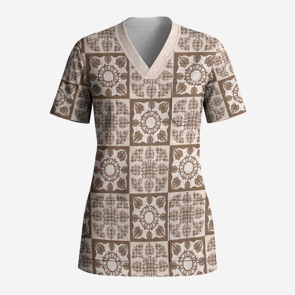 Beige Palaka Quilt Hawaii Scrub Top Hawaiian Tropical Monstera Sea Turtle LT14 Adult Beige - Polynesian Pride