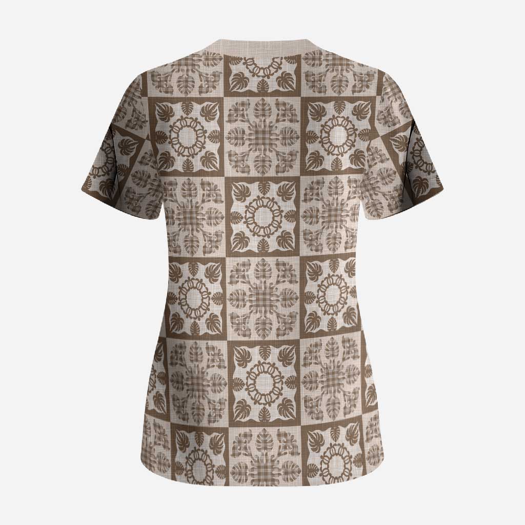 Beige Palaka Quilt Hawaii Scrub Top Hawaiian Tropical Monstera Sea Turtle LT14 - Polynesian Pride