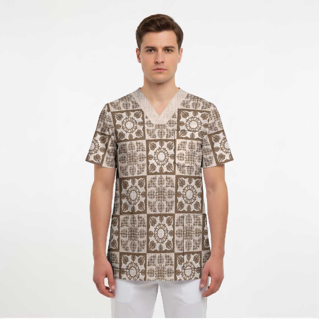 Beige Palaka Quilt Hawaii Scrub Top Hawaiian Tropical Monstera Sea Turtle LT14 - Polynesian Pride