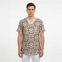Beige Palaka Quilt Hawaii Scrub Top Hawaiian Tropical Monstera Sea Turtle LT14 - Polynesian Pride