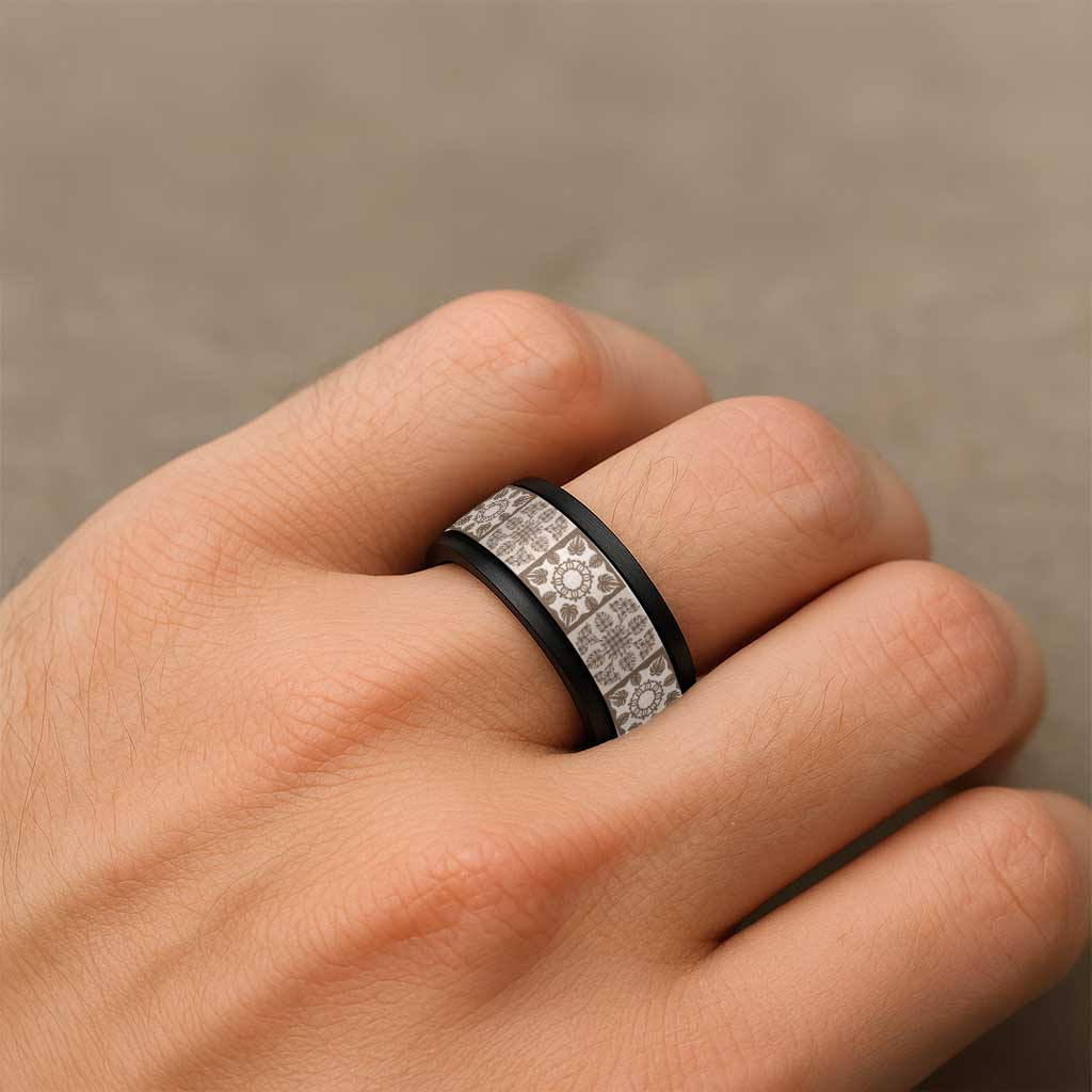 Beige Palaka Quilt Hawaii Spinner Ring Hawaiian Tropical Monstera Sea Turtle LT14 - Polynesian Pride