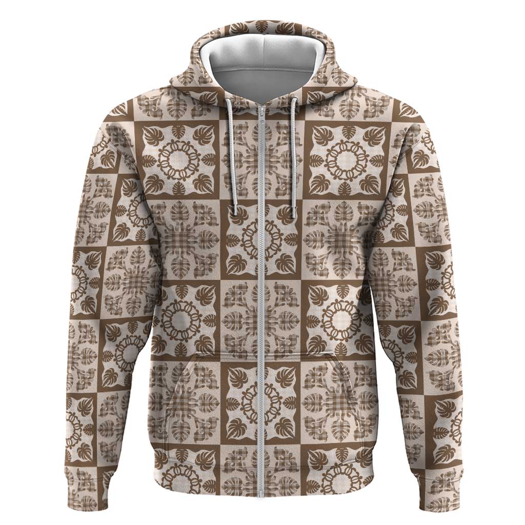Beige Palaka Quilt Hawaii Zip Hoodie Hawaiian Tropical Monstera Sea Turtle LT14 Zip Hoodie Beige - Polynesian Pride