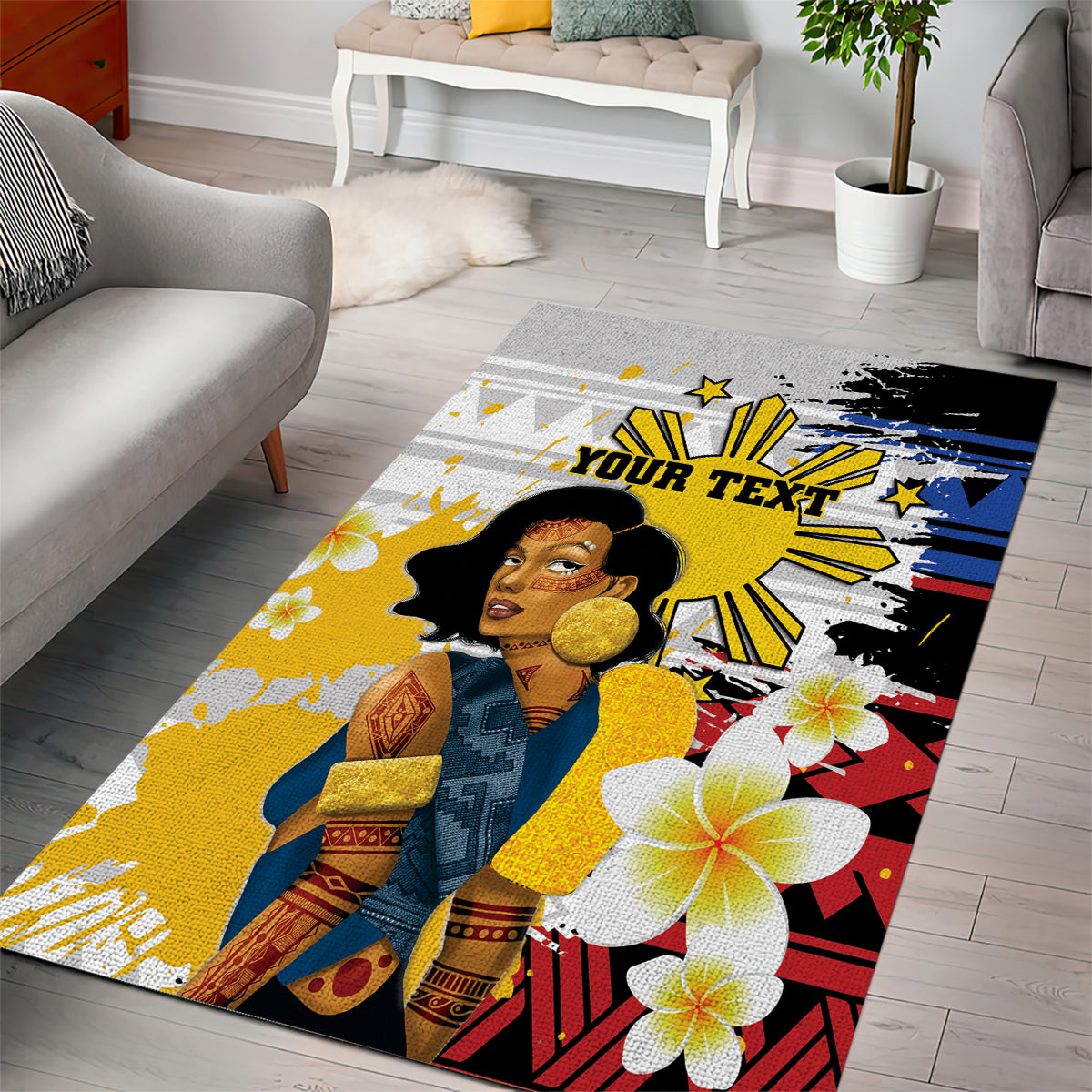 Personalised Philippines Women's Day Area Rug Filipino Golden Sun With Polynesian Pattern LT14 - Polynesian Pride