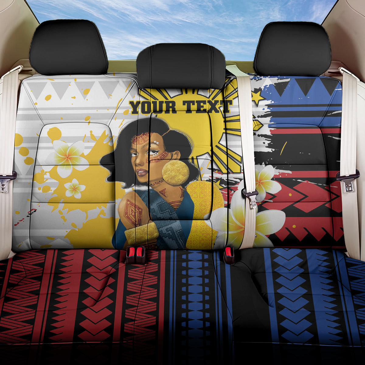 Personalised Philippines Women's Day Back Car Seat Cover Filipino Golden Sun With Polynesian Pattern LT14 One Size Red - Polynesian Pride