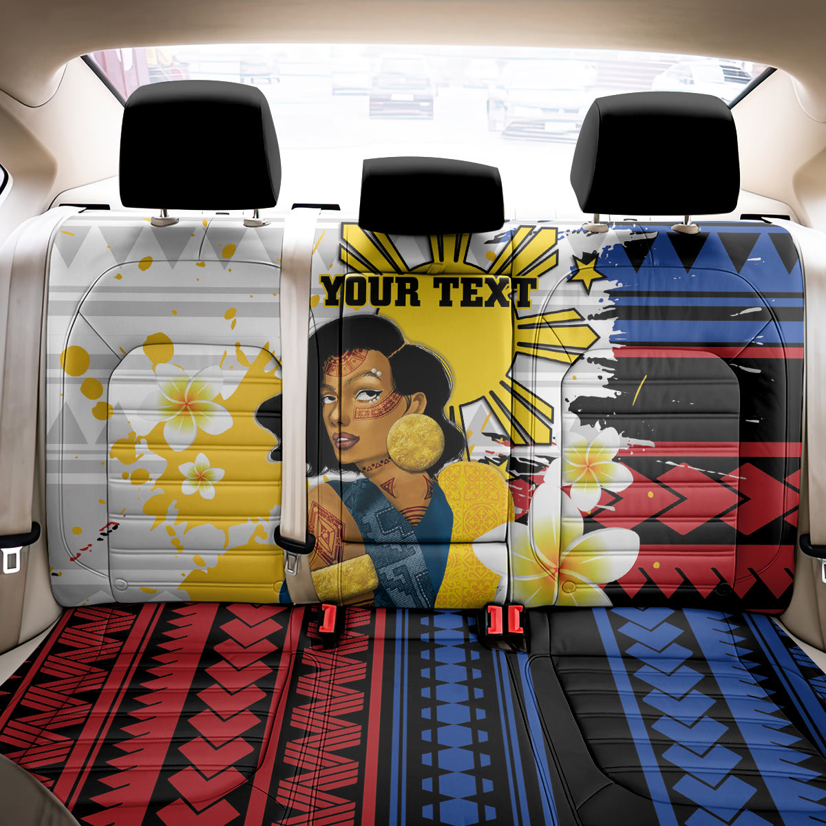 Personalised Philippines Women's Day Back Car Seat Cover Filipino Golden Sun With Polynesian Pattern LT14 - Polynesian Pride