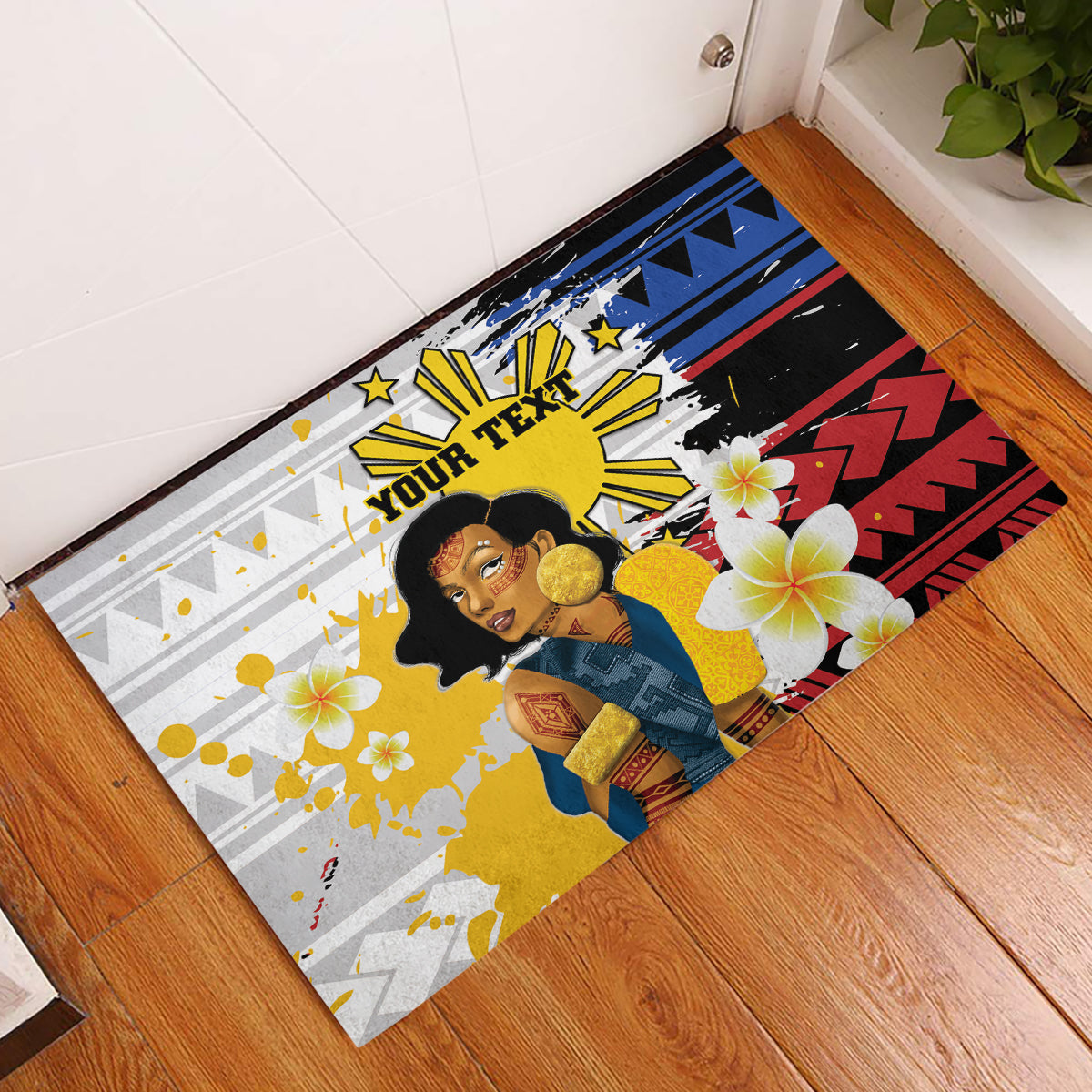 Personalised Philippines Women's Day Rubber Doormat Filipino Golden Sun With Polynesian Pattern LT14 Red - Polynesian Pride