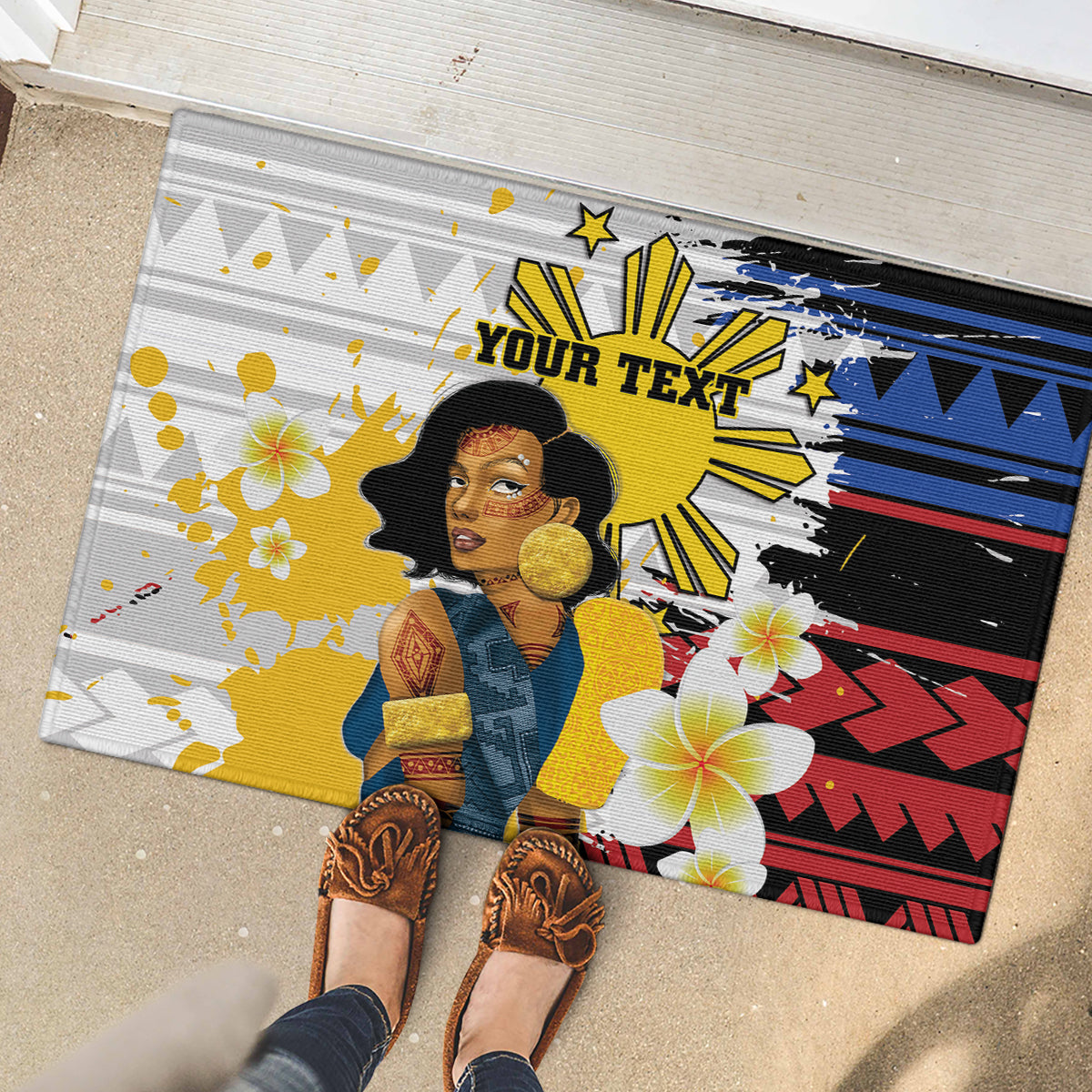 Personalised Philippines Women's Day Rubber Doormat Filipino Golden Sun With Polynesian Pattern LT14 - Polynesian Pride