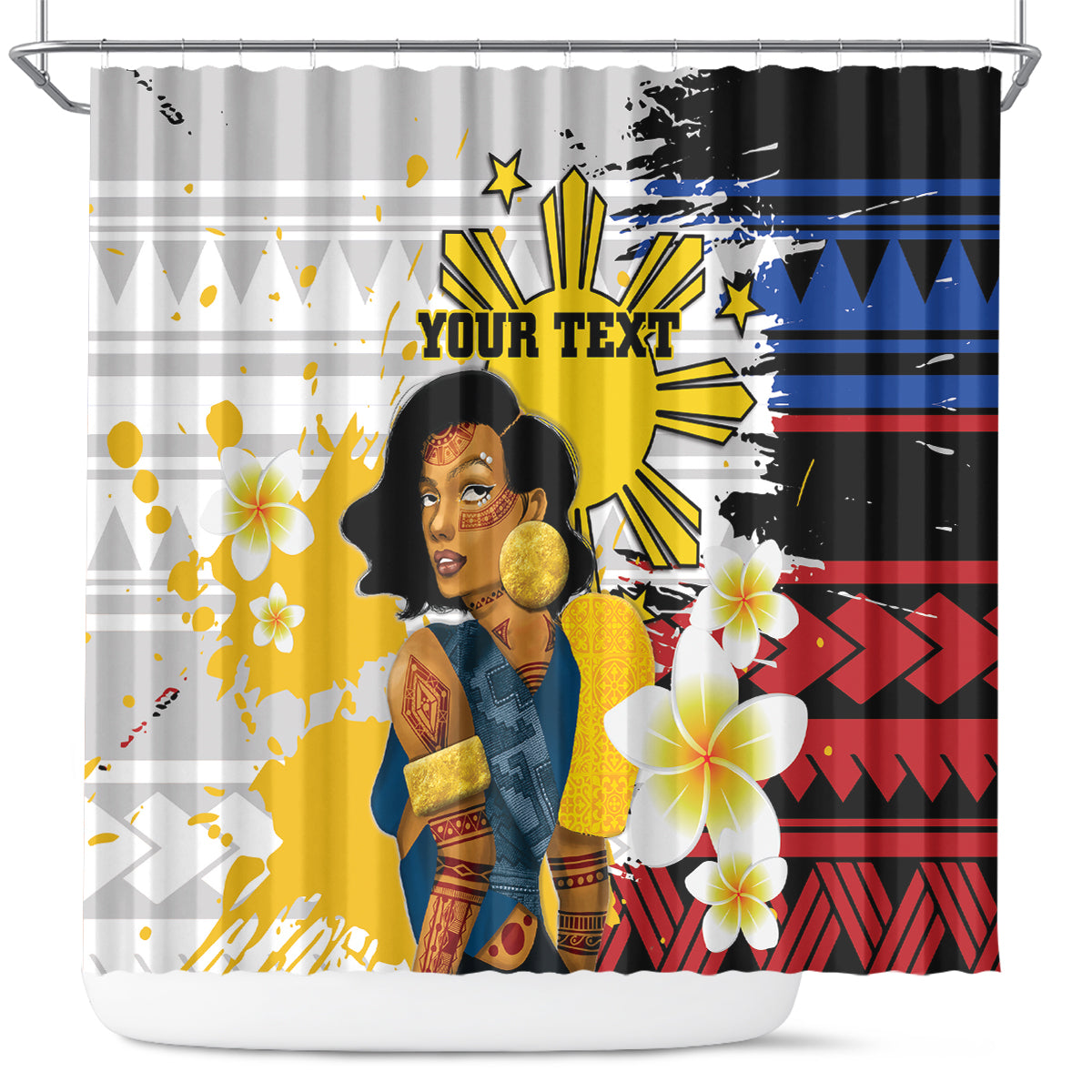 Personalised Philippines Women's Day Shower Curtain Filipino Golden Sun With Polynesian Pattern