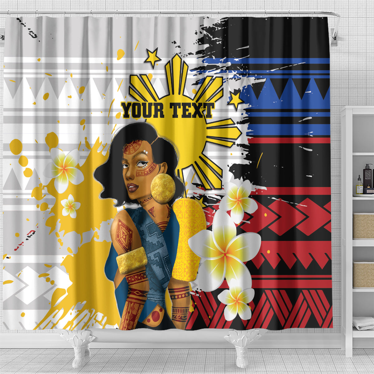 Personalised Philippines Women's Day Shower Curtain Filipino Golden Sun With Polynesian Pattern LT14 - Polynesian Pride