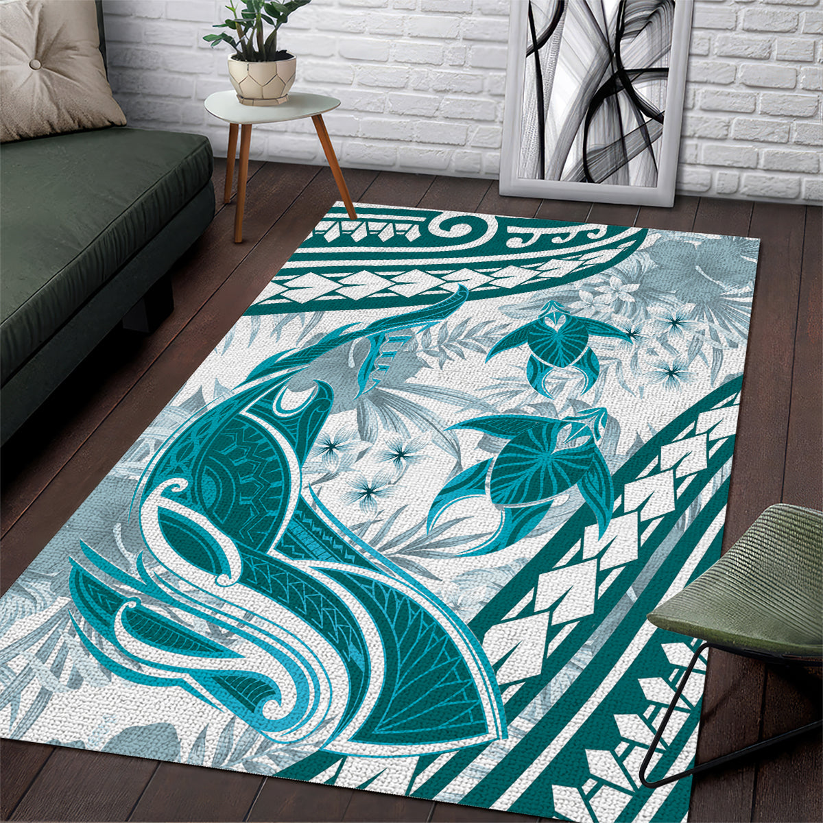 Cyan Polynesia Area Rug Polynesian Turtle Shark Tattoo Tropical Vintage LT14 Cyan - Polynesian Pride