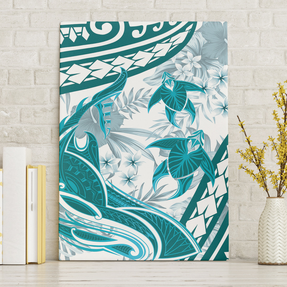 Cyan Polynesia Canvas Wall Art Polynesian Turtle Shark Tattoo Tropical Vintage LT14 Without Frame Cyan - Polynesian Pride