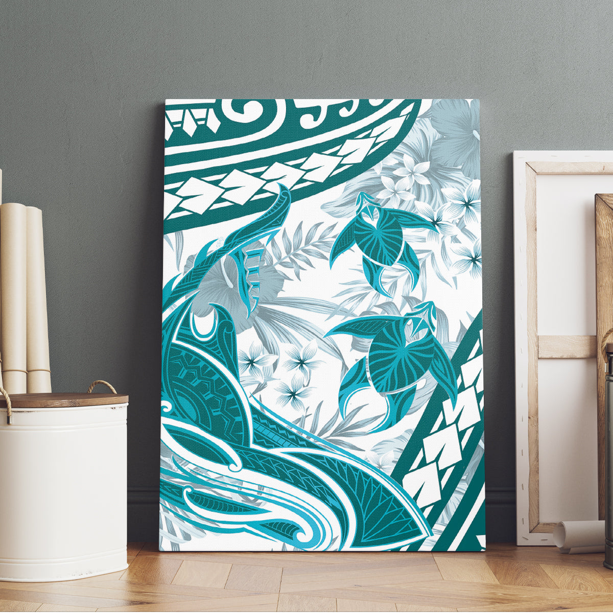 Cyan Polynesia Canvas Wall Art Polynesian Turtle Shark Tattoo Tropical Vintage LT14 - Polynesian Pride