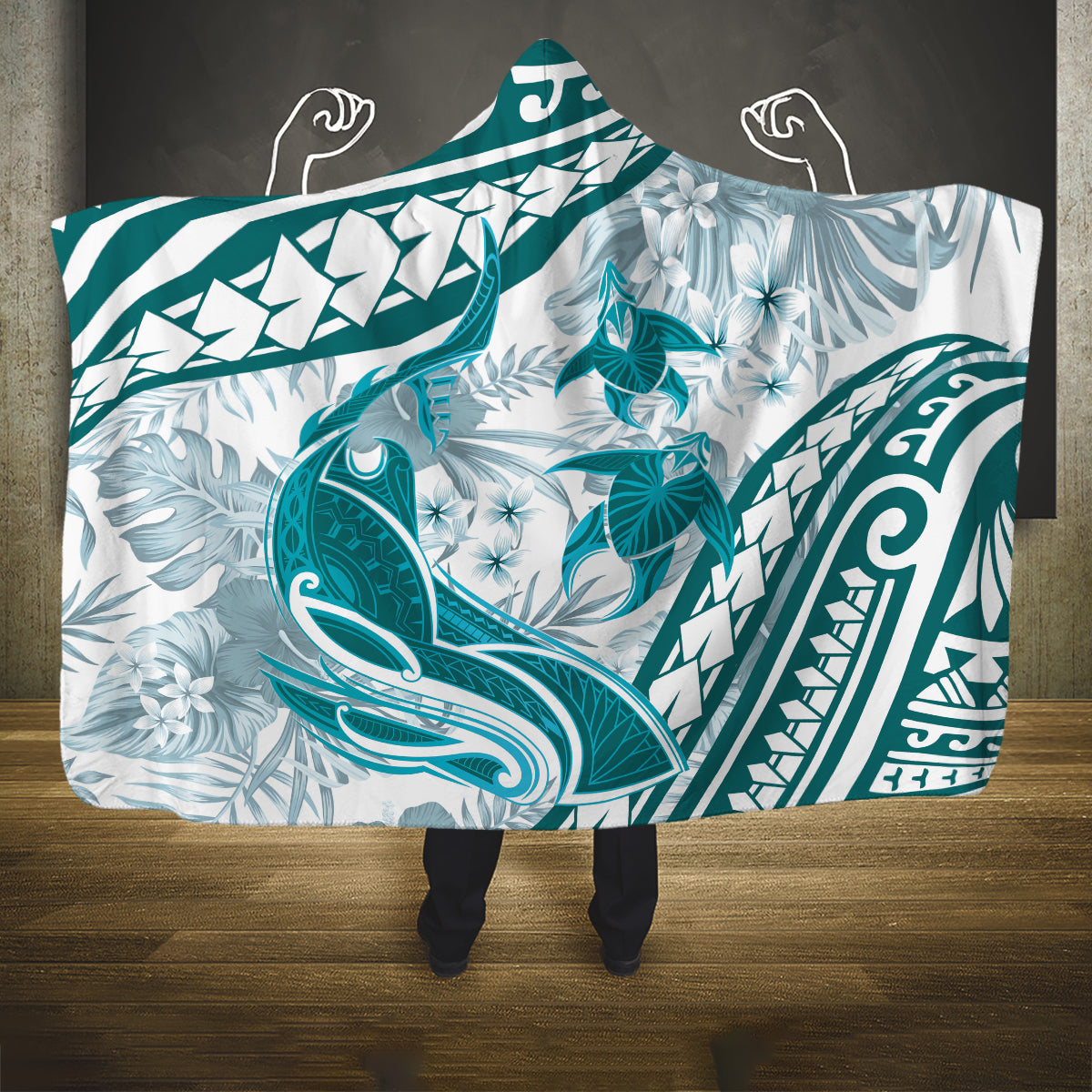 Cyan Polynesia Hooded Blanket Polynesian Turtle Shark Tattoo Tropical Vintage LT14 One Size Cyan - Polynesian Pride