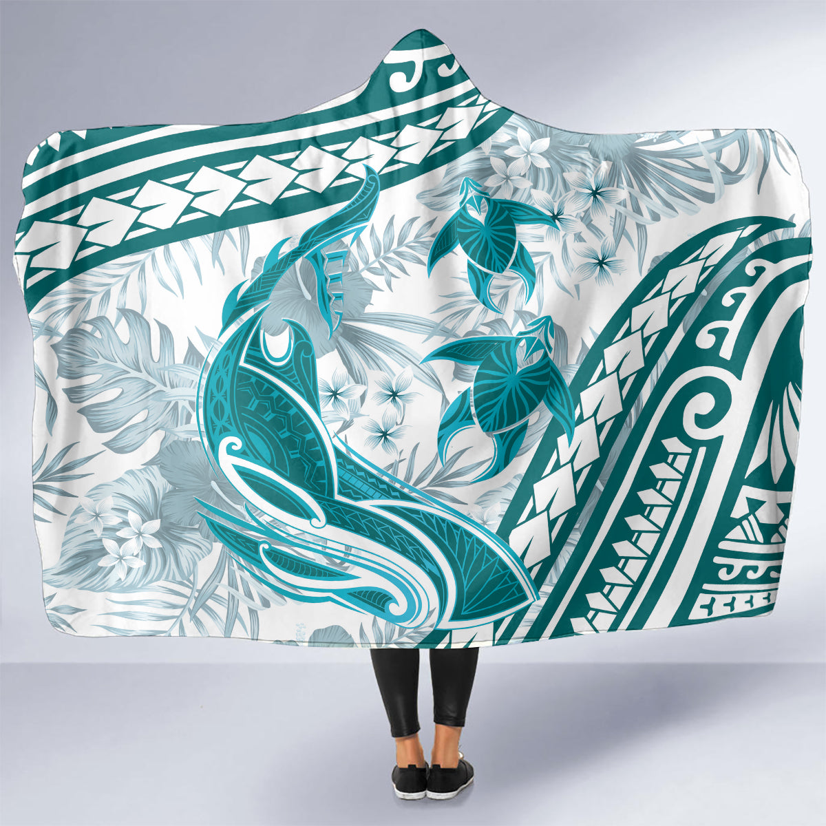 Cyan Polynesia Hooded Blanket Polynesian Turtle Shark Tattoo Tropical Vintage LT14 - Polynesian Pride