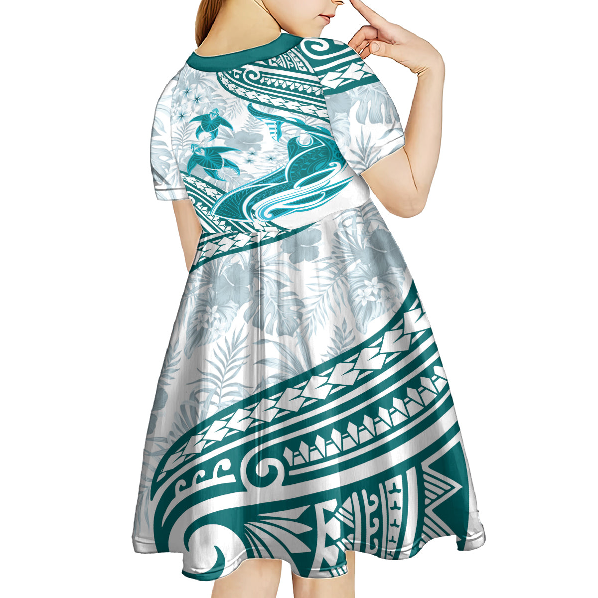 Cyan Polynesia Kid Short Sleeve Dress Polynesian Turtle Shark Tattoo Tropical Vintage LT14 - Polynesian Pride