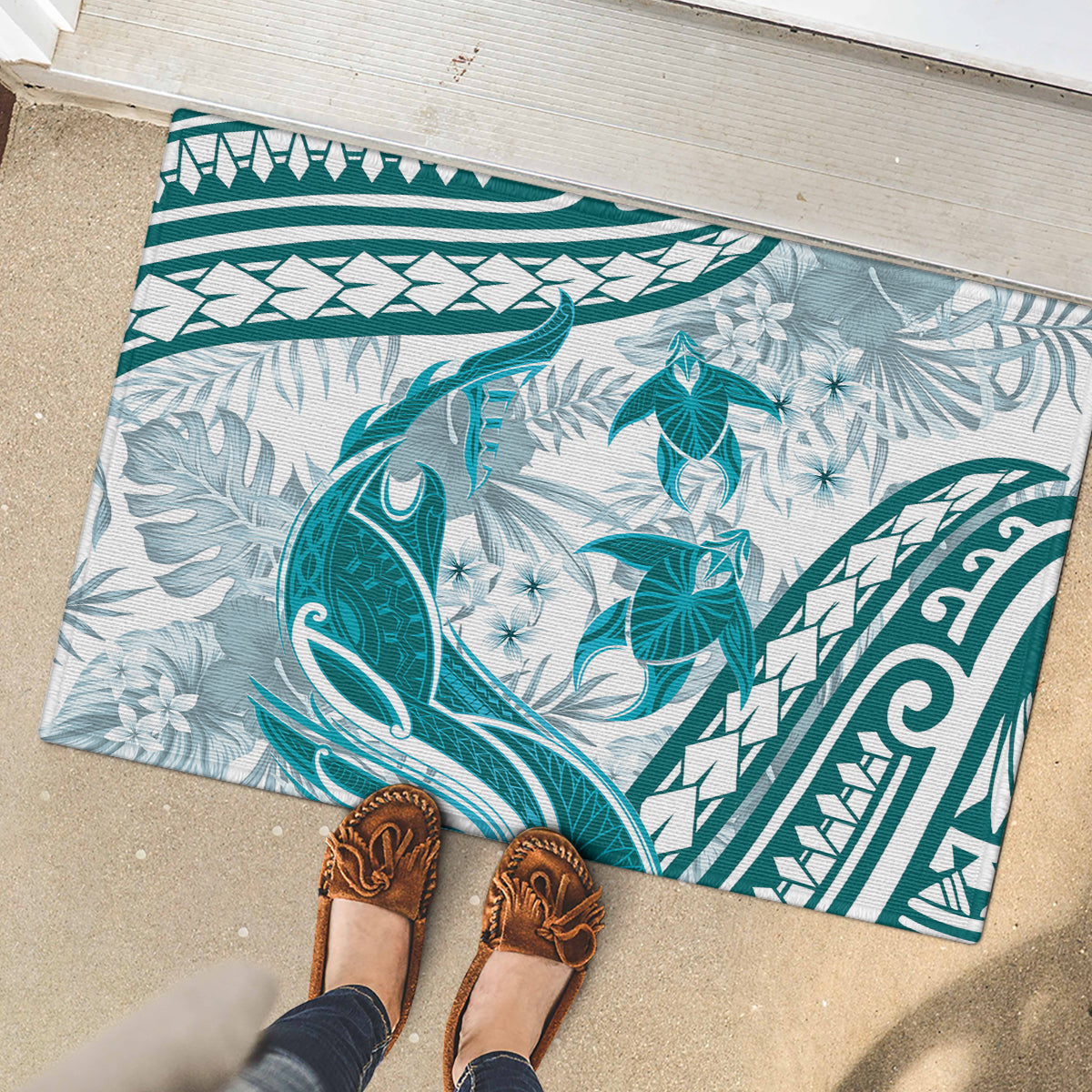Cyan Polynesia Rubber Doormat Polynesian Turtle Shark Tattoo Tropical Vintage LT14 - Polynesian Pride
