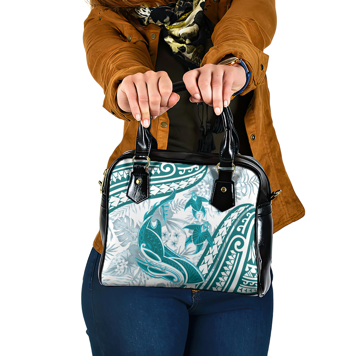 Cyan Polynesia Shoulder Handbag Polynesian Turtle Shark Tattoo Tropical Vintage LT14 One Size Cyan - Polynesian Pride